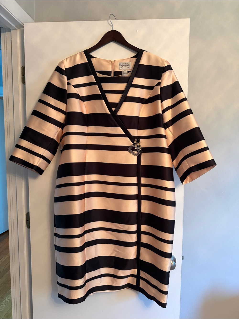Striped V-Neck Midi Dress in Champagne and Black